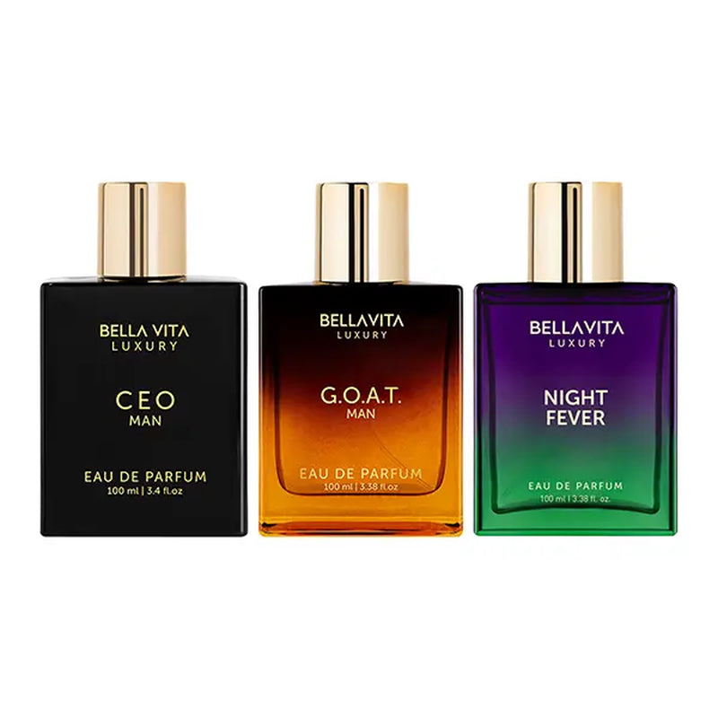 Trio Noir by Bellavita Luxury | Perfume Combo for Men & Women | G.O.A.T. Man – Bergamot, Amber & Vetiver | CEO Man – Lemon, Lavender, Tonka & Agarwood | Night Fever – Bergamot Mandarin, Peach, Musk & Vanilla | Long Lasting, Vegan & Cruelty Free EDP