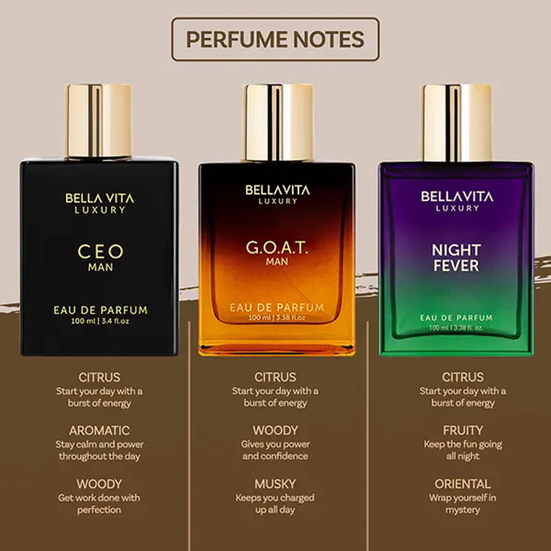 Trio Noir by Bellavita Luxury | Perfume Combo for Men & Women | G.O.A.T. Man – Bergamot, Amber & Vetiver | CEO Man – Lemon, Lavender, Tonka & Agarwood | Night Fever – Bergamot Mandarin, Peach, Musk & Vanilla | Long Lasting, Vegan & Cruelty Free EDP