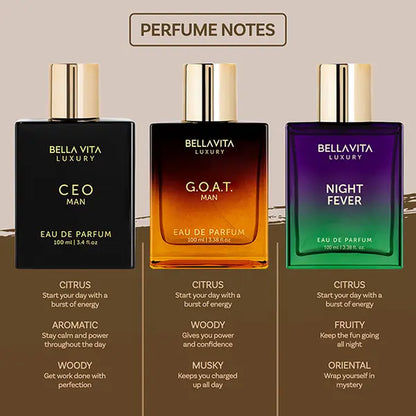 Trio Noir by Bellavita Luxury | Perfume Combo for Men & Women | G.O.A.T. Man – Bergamot, Amber & Vetiver | CEO Man – Lemon, Lavender, Tonka & Agarwood | Night Fever – Bergamot Mandarin, Peach, Musk & Vanilla | Long Lasting, Vegan & Cruelty Free EDP