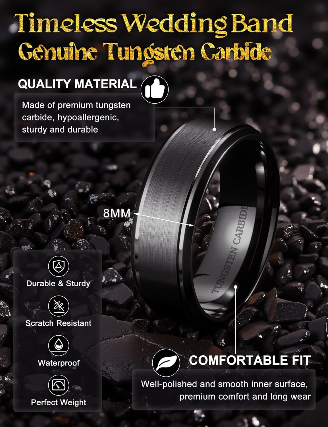 CASSIECA Anillo Hombre Tungsteno Anillo Para Hombre Negr/Plata/Oro 8MM Anillos De Compromiso Promesa Boda Superficie Mmate Borde Pulido Tallas 52-72