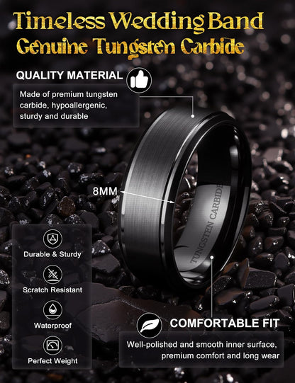 CASSIECA Anillo Hombre Tungsteno Anillo Para Hombre Negr/Plata/Oro 8MM Anillos De Compromiso Promesa Boda Superficie Mmate Borde Pulido Tallas 52-72
